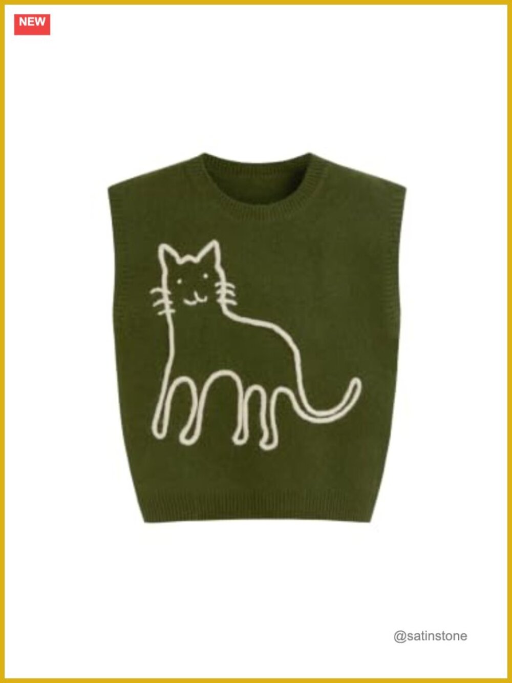 Wool Blend Cat Color-Block Sweater Vest Cropped Sleeveless Crew Neck